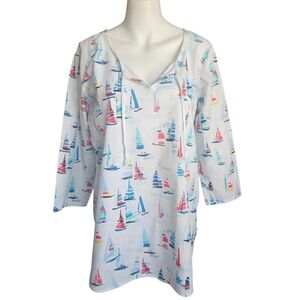 Haley & The Hound Women's Coastal Beachy 3/4 Sleeve Blouse Large Nautical Art XL